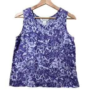 Vintage Petite Sophisticate 100% Linen Tank Top Blouse Purple White Floral